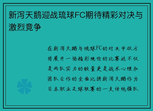 新泻天鹅迎战琉球FC期待精彩对决与激烈竞争